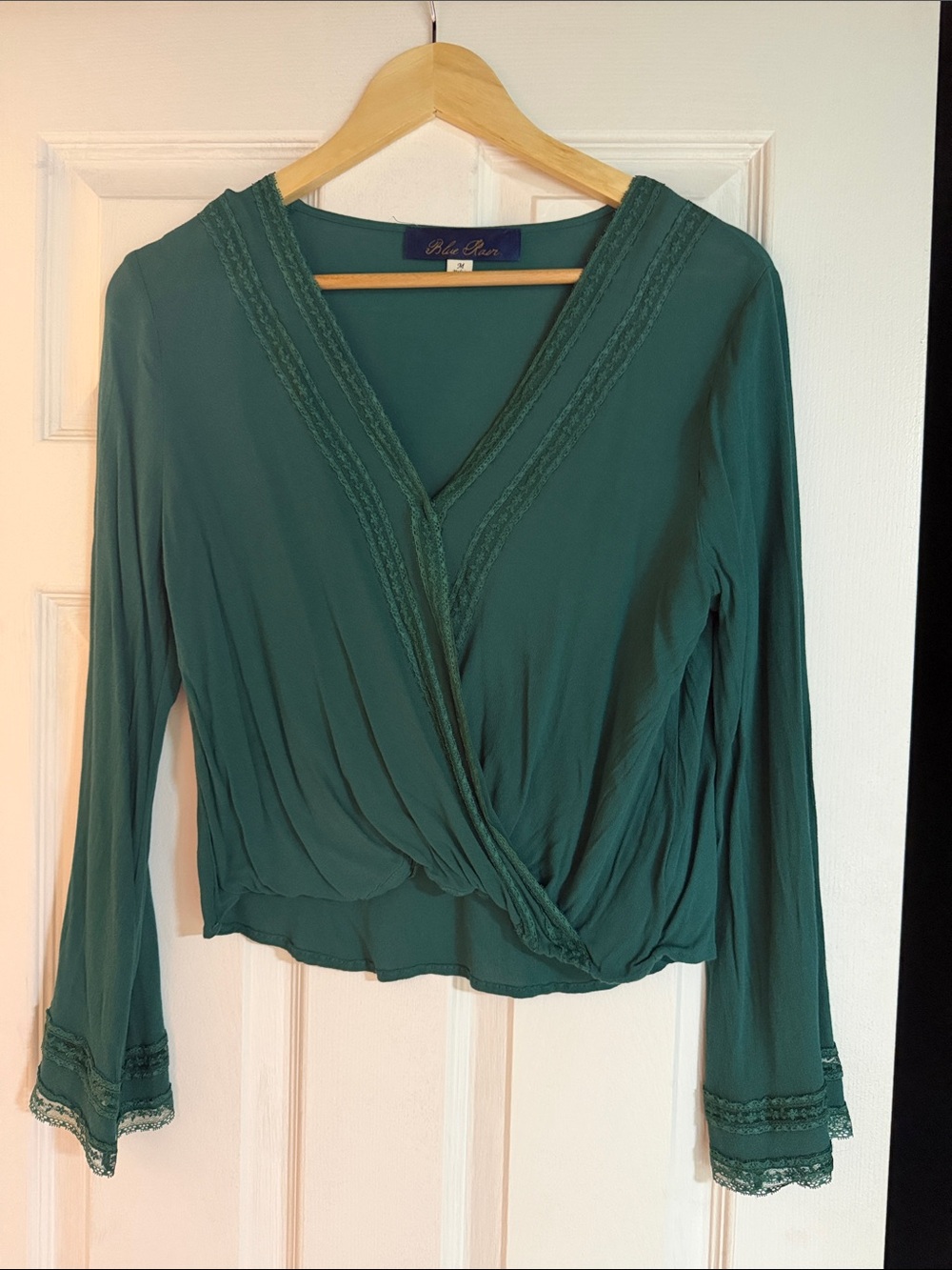 Blue Rain Emerald Green Lace-Trim Wrap Blouse
